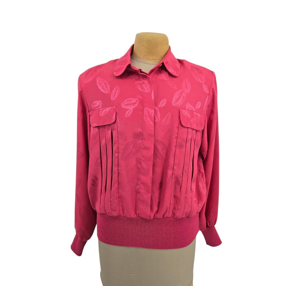 Castleberry Blouse Women 18 Pink Jacquard Union Made Vintage 80s Corporate‎ Chic